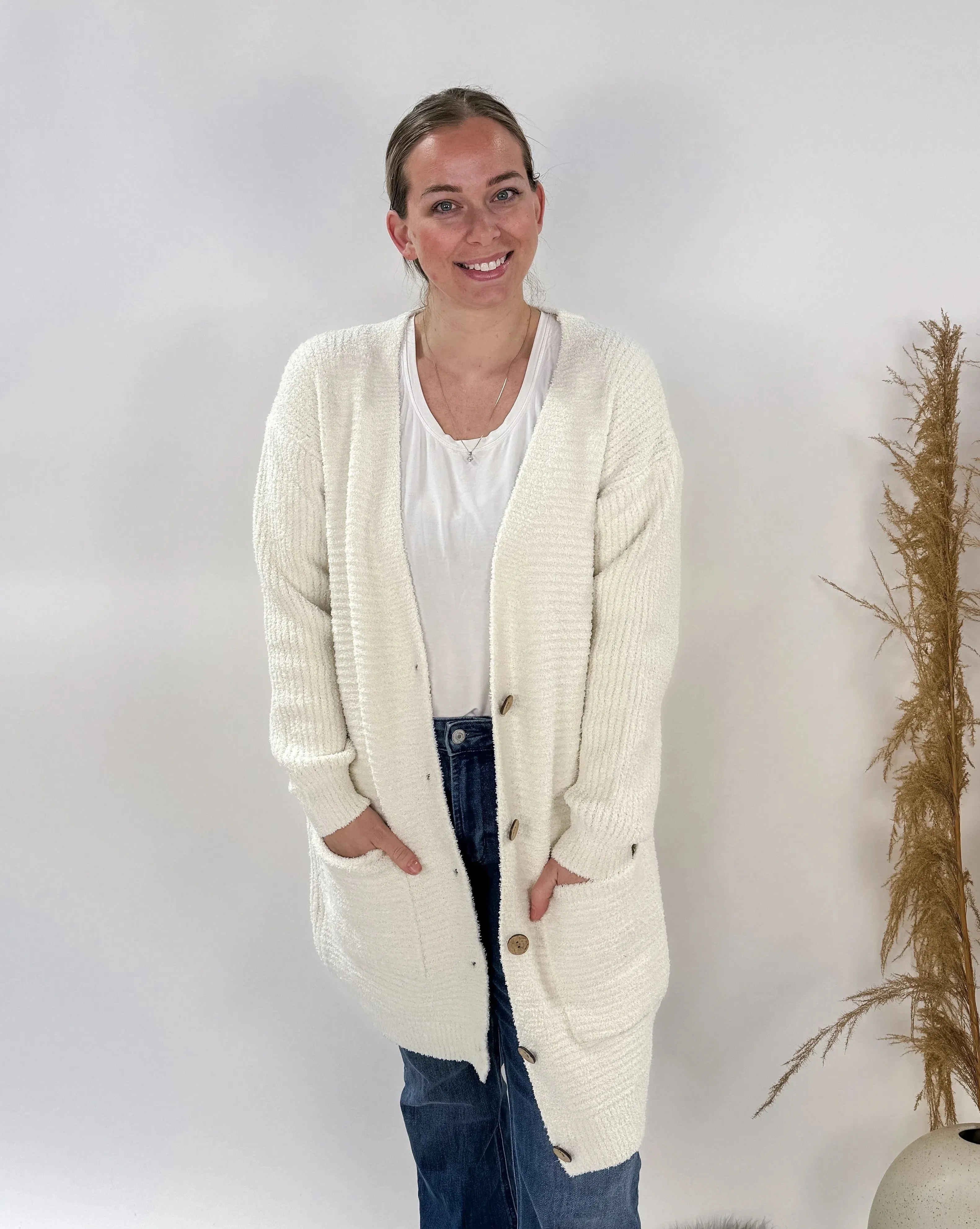 V-Neck Cardigan w/ Pockets & Button Closure