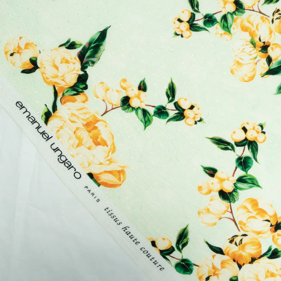 Yellow Peony Printed Pale Mint Silk Crêpe de Chine Jacquard